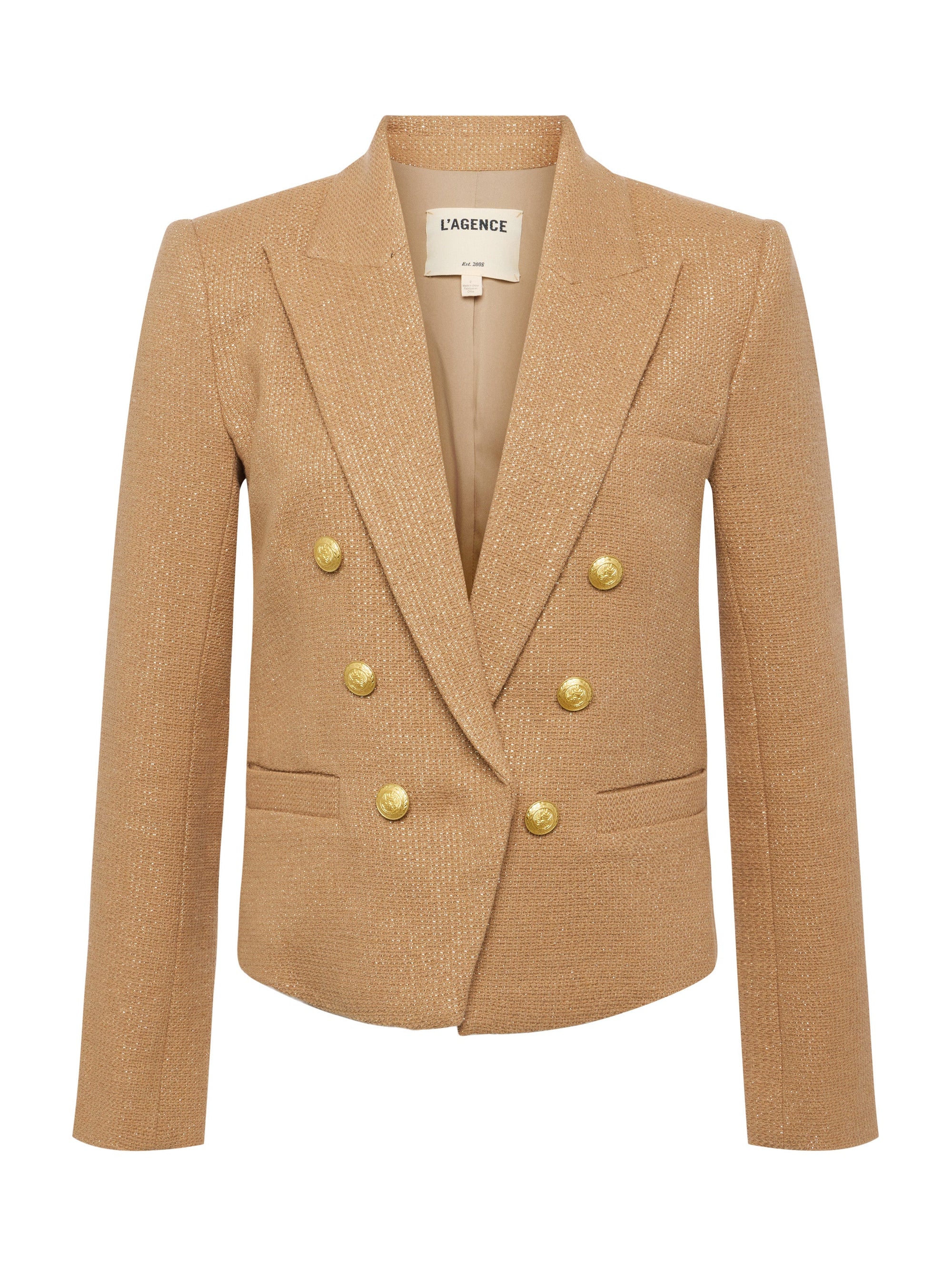 the  l'agence Brooke double breasted crop blazer in latte/gold on a white background