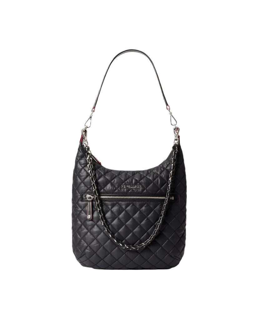 MZ Wallace Crosby Sienna Black Hobo & Shoulder bag in front of white background.