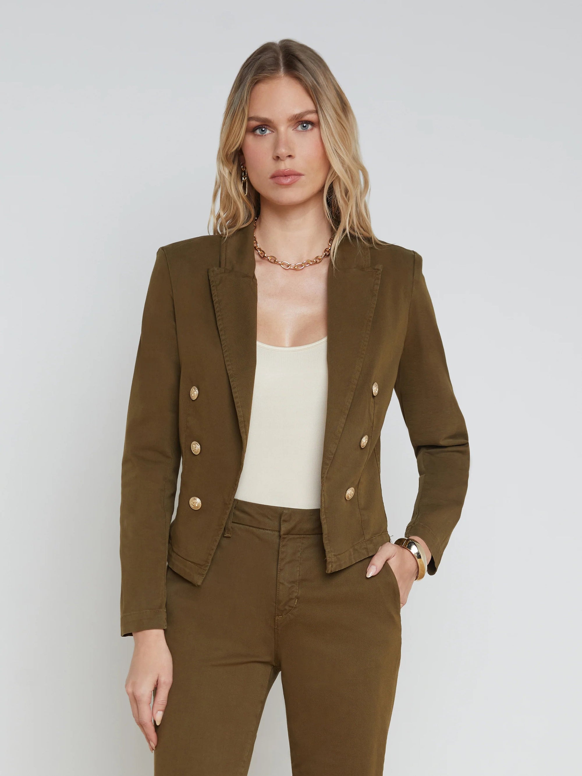 Wayne Crop Double Breast Jacket British Khaki Jackets - Blazers L'Agence 