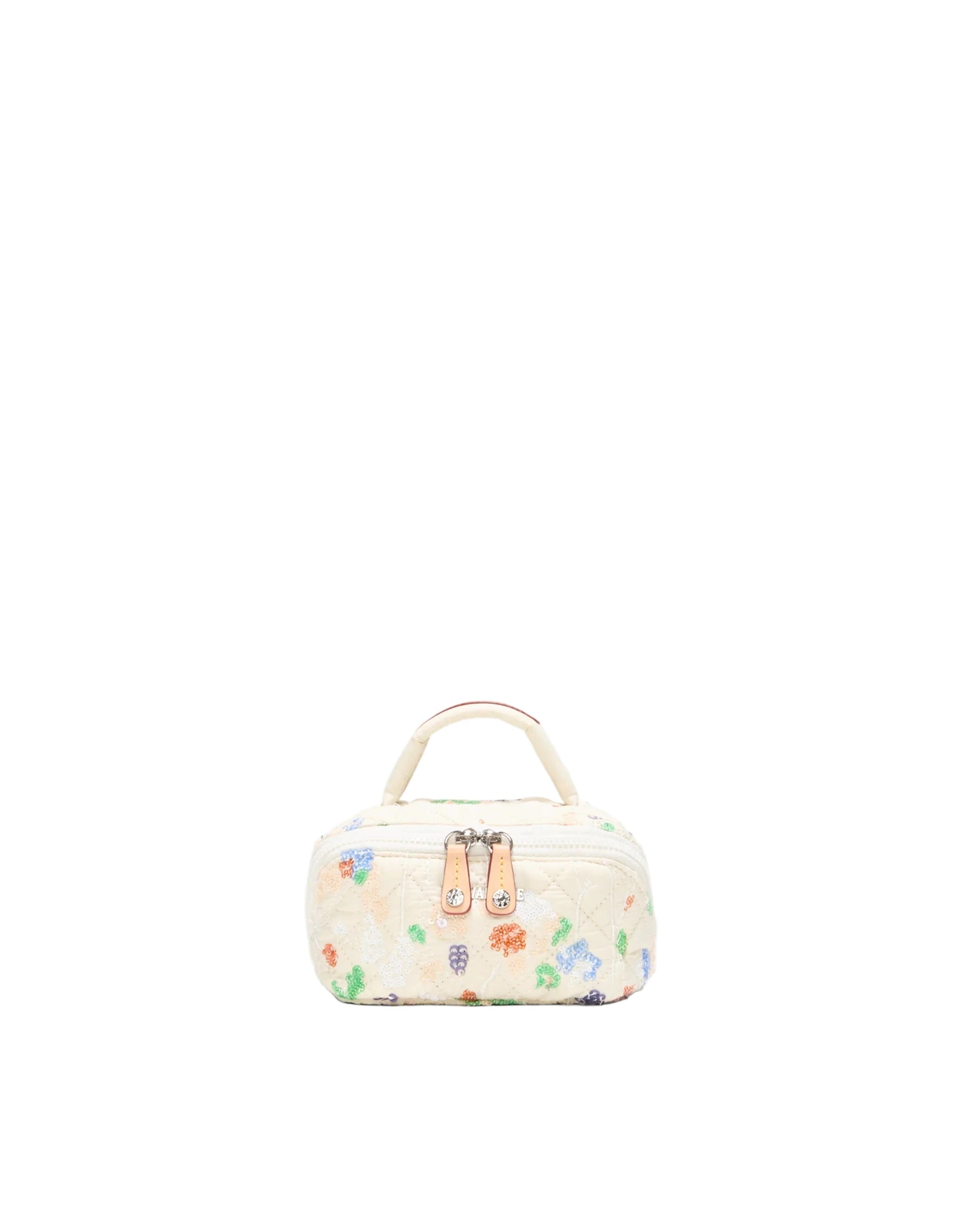 Small cream-colored handbag with floral patterns on a white background