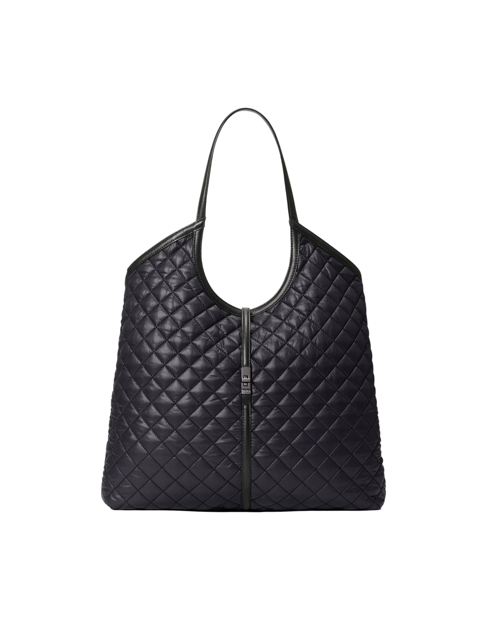 Black quilted handbag on a white background