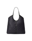 Black quilted handbag on a white background