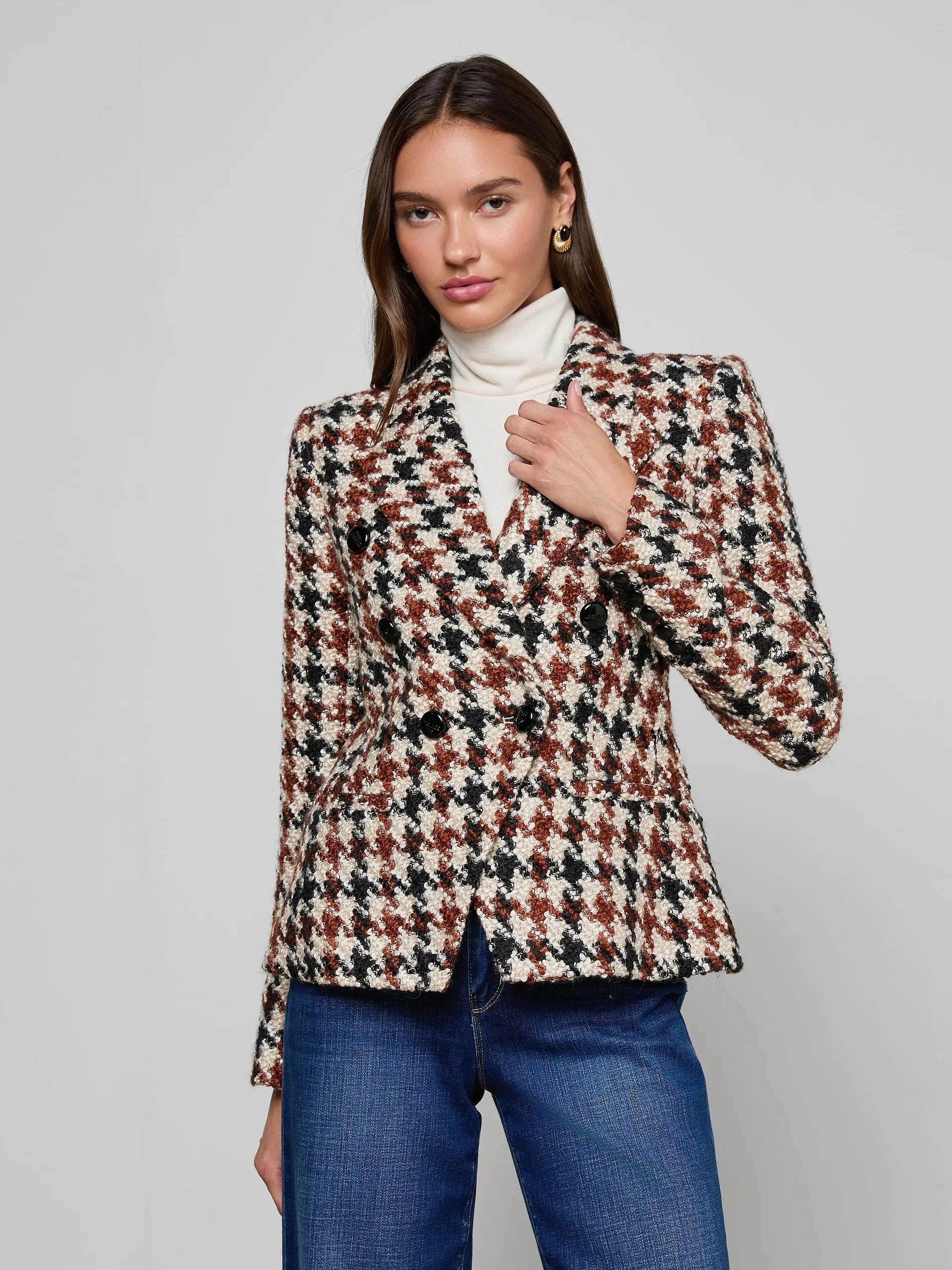 Marie Houndstooth Tweed Blazer Black/Brown/Cream Jackets - Blazers L'Agence 