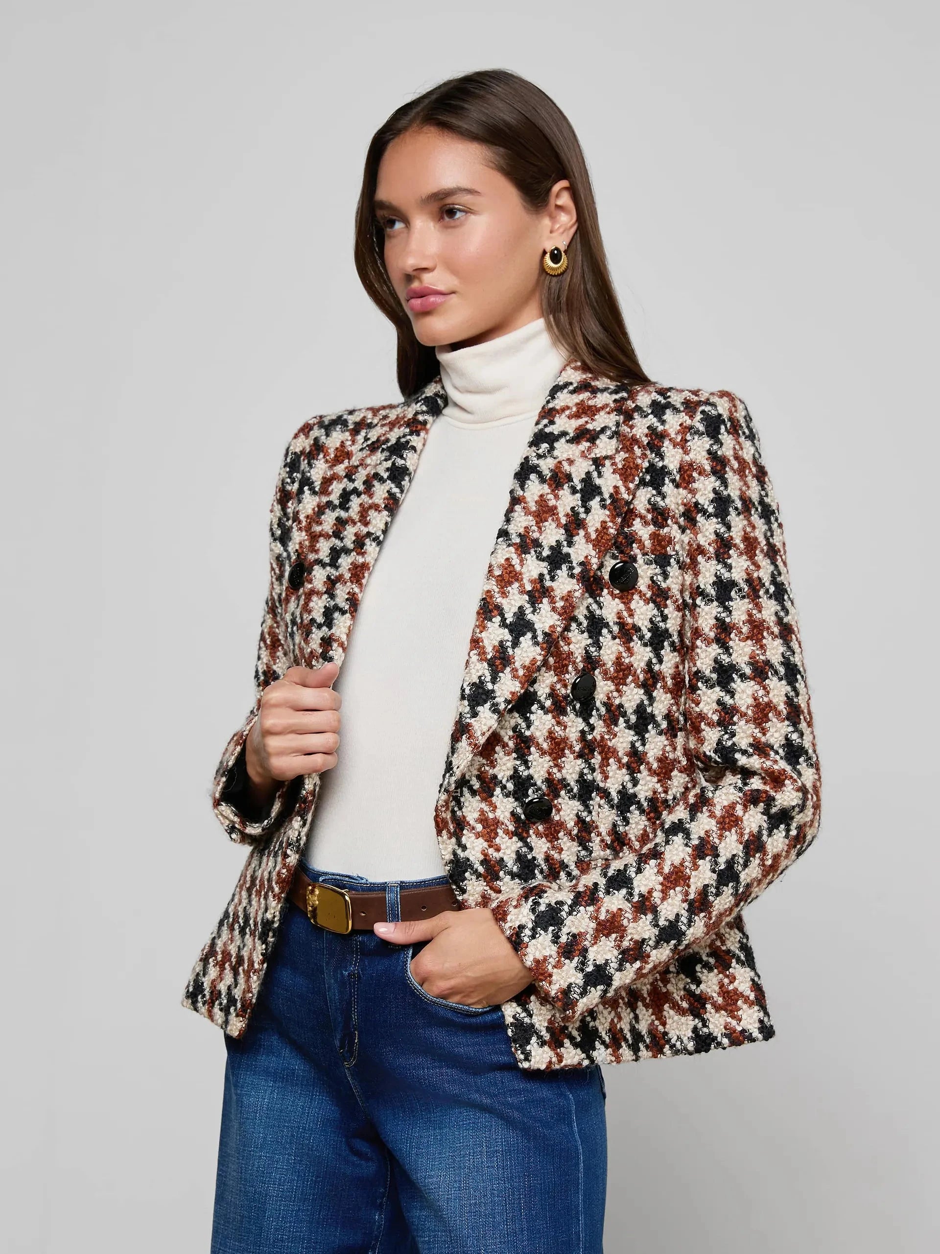 Marie Houndstooth Tweed Blazer Black/Brown/Cream Jackets - Blazers L'Agence 