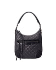 Black quilted handbag with studded details on a white background