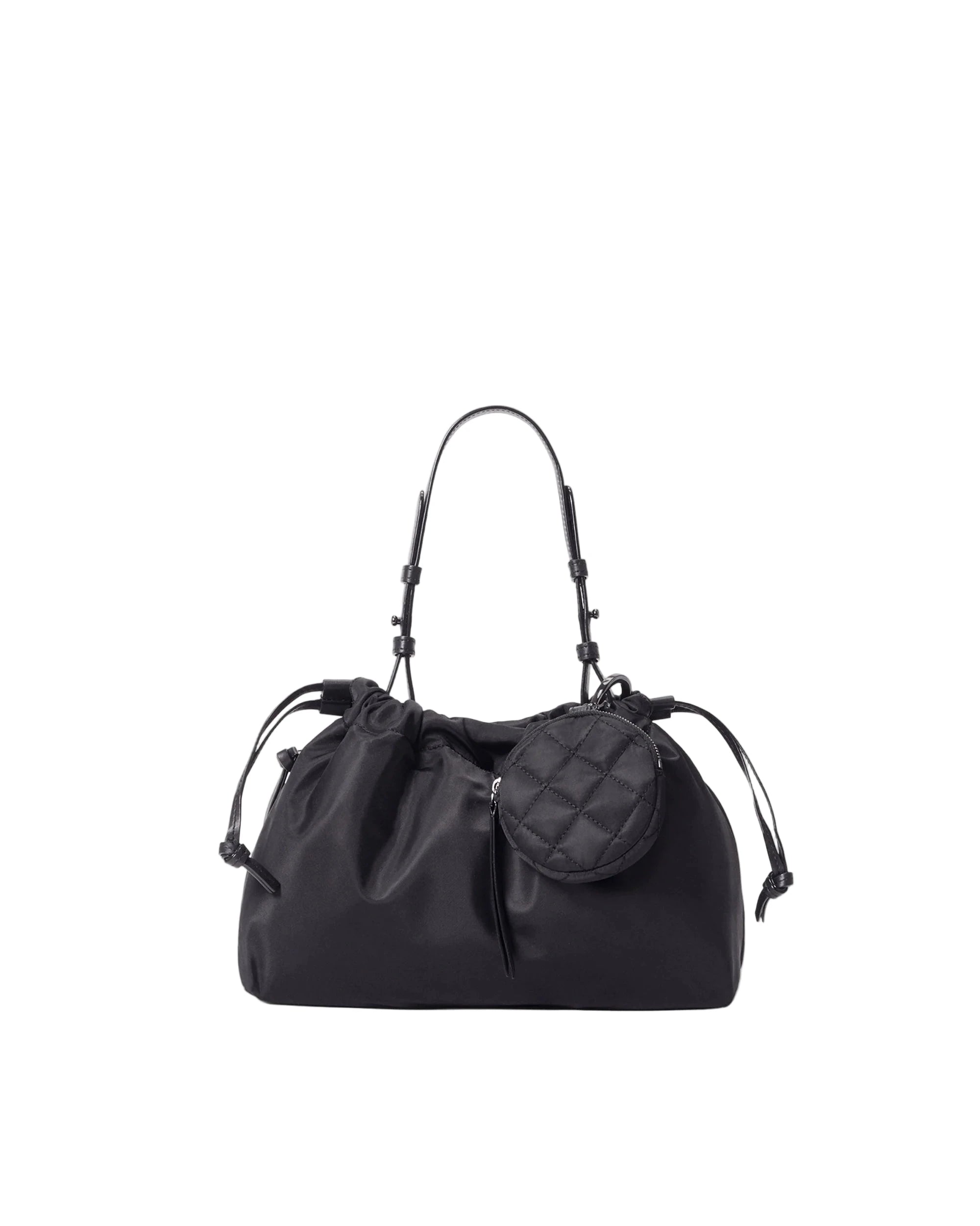 Black handbag with quilted design on a white background