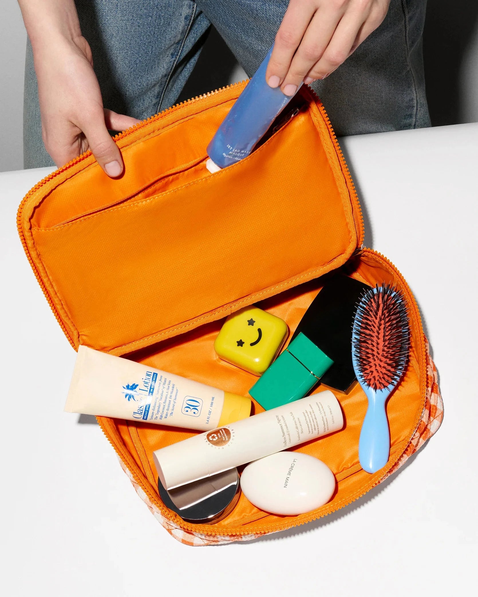 Zip Round Organizer Gingham Sunset Orange Cosmetic MZ Wallace 
