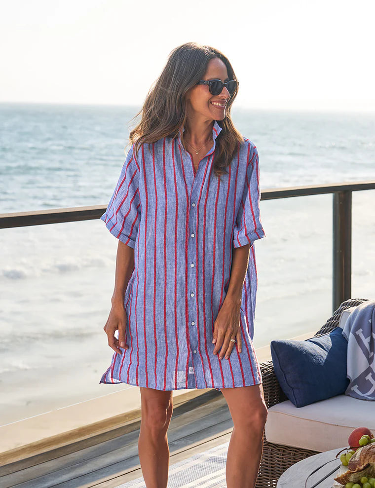 Rosemary Short Sleeve Dress Blue Red Textured Stripe