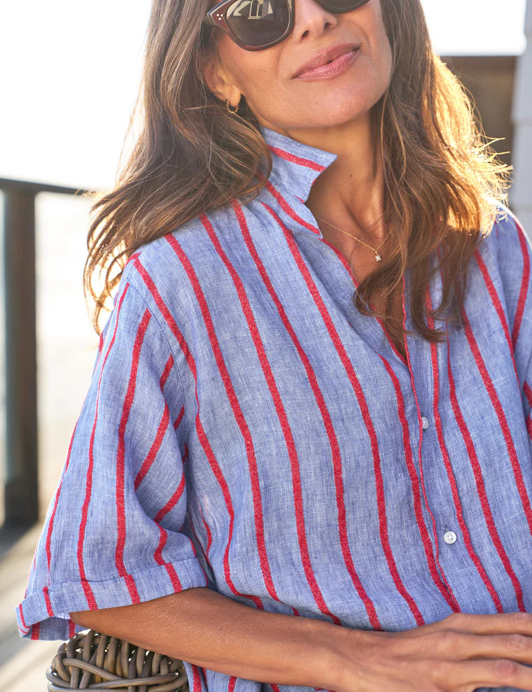 Rosemary Short Sleeve Dress Blue Red Textured Stripe