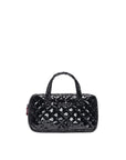 Black quilted handbag on a light gray background
