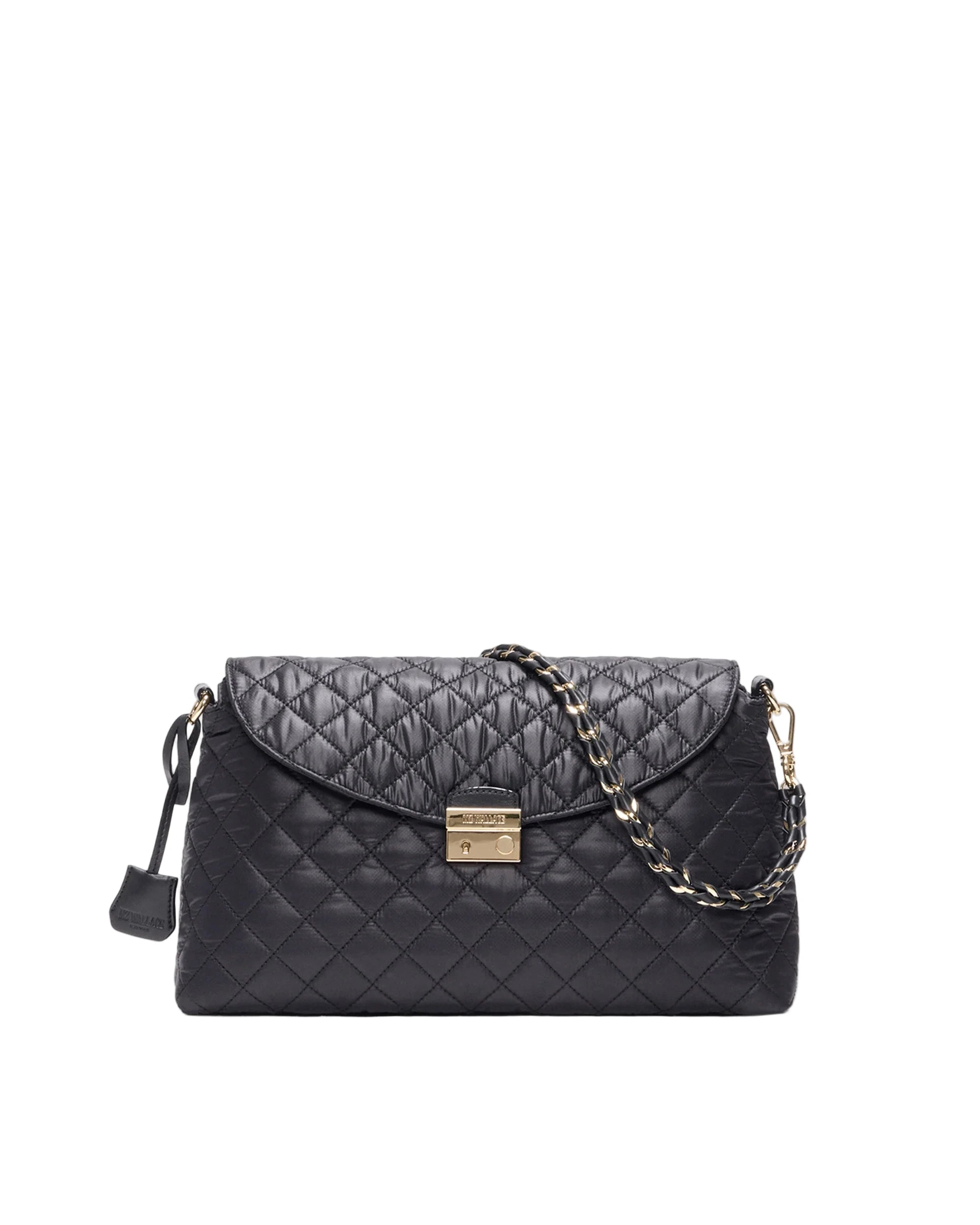Black quilted handbag with a gold chain strap on a white background