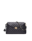 Black quilted handbag with a gold chain strap on a white background