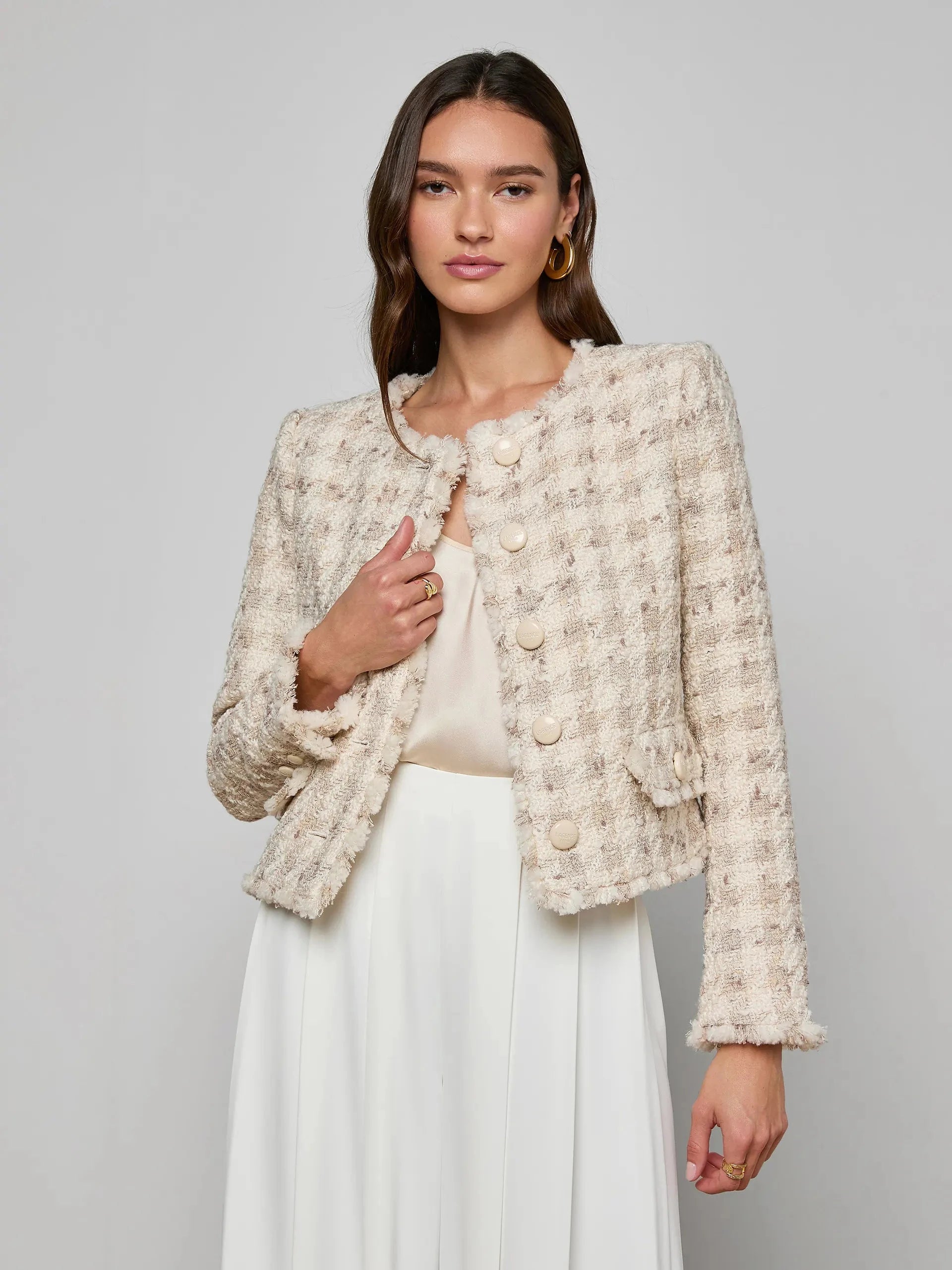 Zell Collarless Jacket Taupe Grey Houndstooth Jackets - Blazers L'Agence 