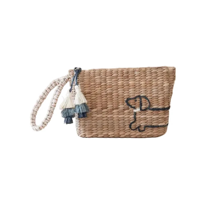 Mini Woven Pouch with Wristlet and Embroidered Dachshund