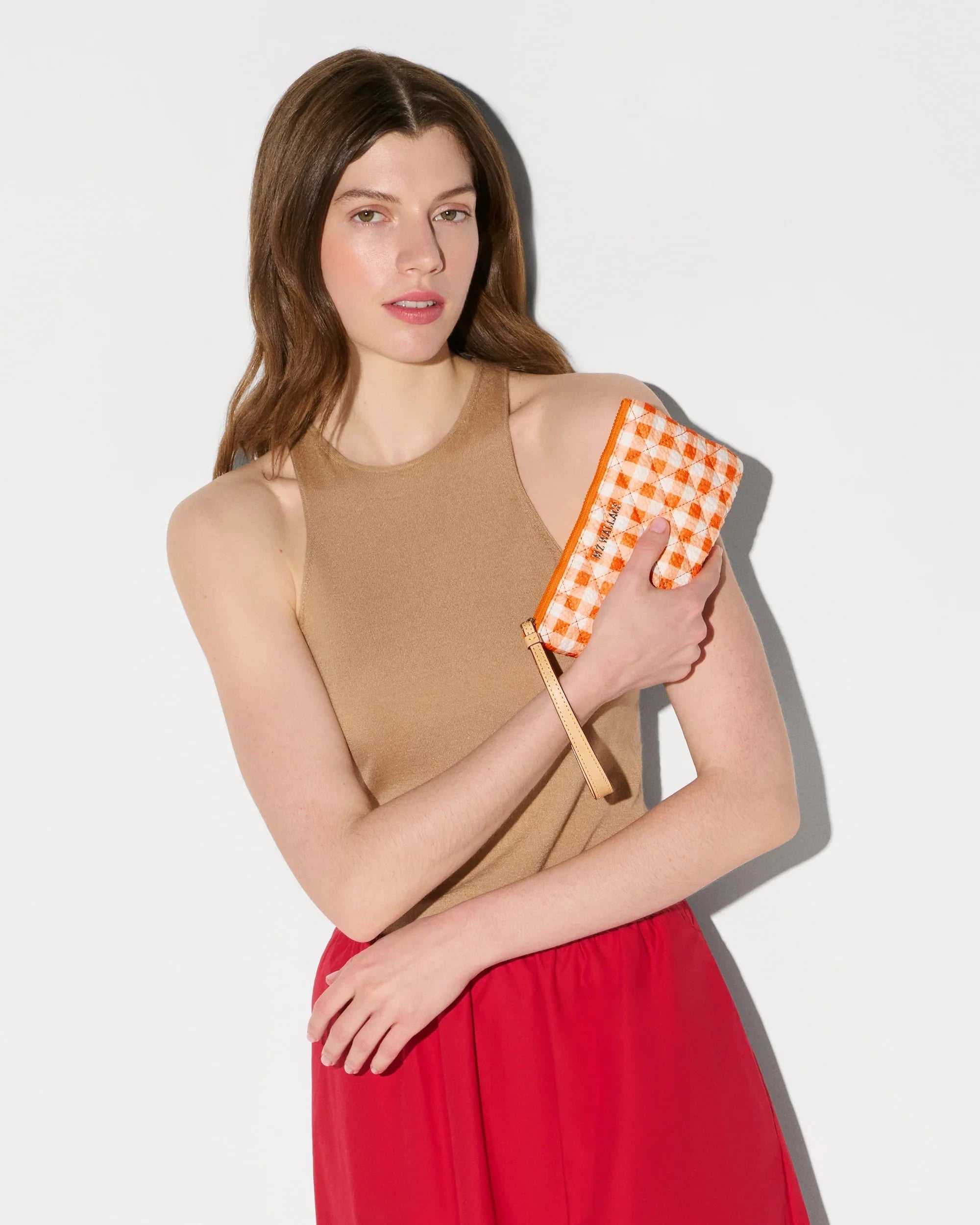 Flat Metro Wristlet Sunset Orange Gingham Wallets MZ Wallace 