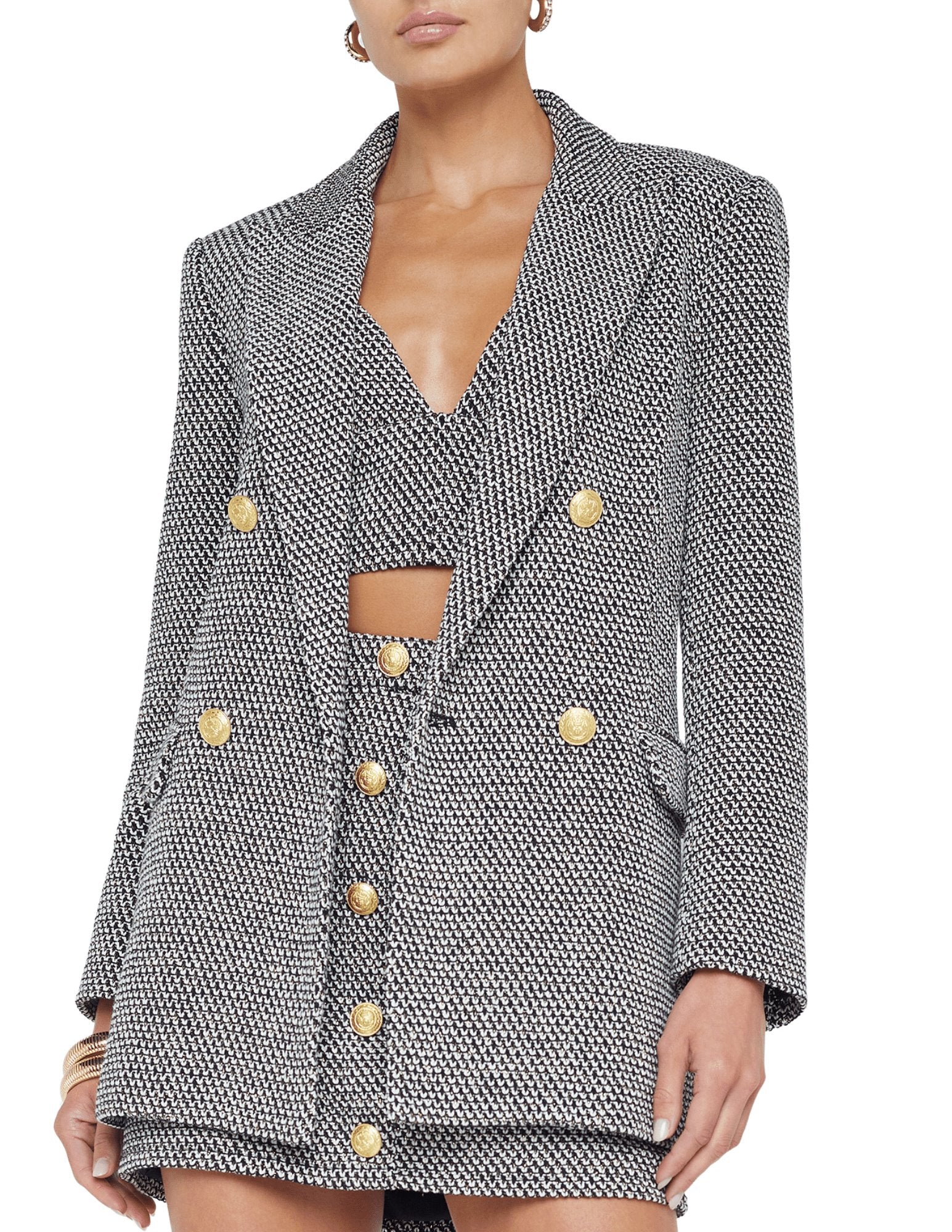 Riva Knit Double Breasted Blazer Black/Ivory/Gold Jackets - Blazers L&#39;Agence 