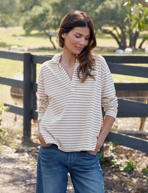 Patrick Popover Henley Vintage White and Camel Stripe Tops - Polo Frank &amp; Eileen 