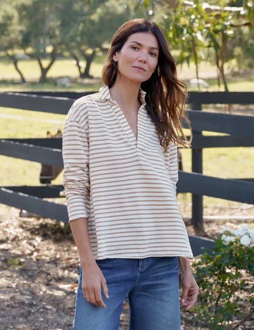 Patrick Popover Henley Vintage White and Camel Stripe Tops - Polo Frank &amp; Eileen 