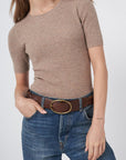 Cashmere Blend Short Sleeve Rib Knit Sweater Taupe