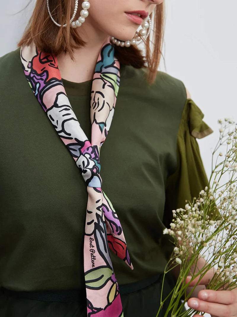 Azalea Silk Twill Skinny Scarf Pink Scarves Lost Pattern NYC 