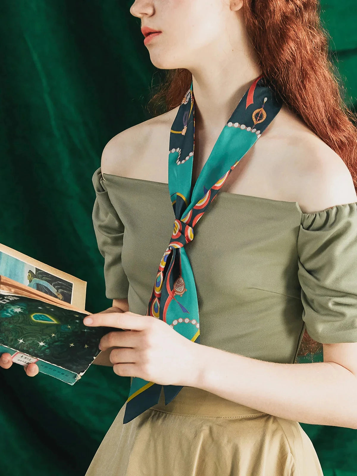 Peacock Silk Twill Skinny Scarf Teel Scarves Lost Pattern NYC 