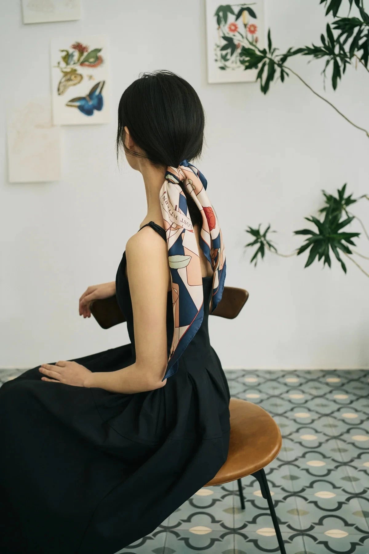 Camellia Silk Bandana Scarf Dark Blue Scarves Lost Pattern NYC 