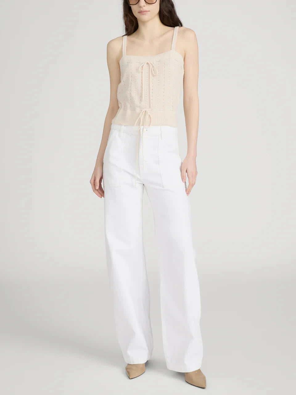 The Bow Cargo White Denim - Flare & Wide Leg Frame 