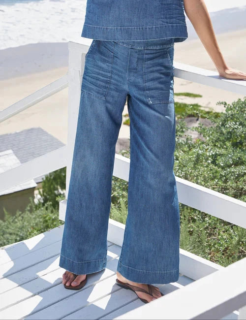 Madeline Patch Pocket Pull on Pant Distressed Indigo Denim - Flare & Wide Leg Frank & Eileen 