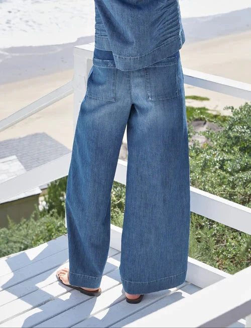 Madeline Patch Pocket Pull on Pant Distressed Indigo Denim - Flare & Wide Leg Frank & Eileen 