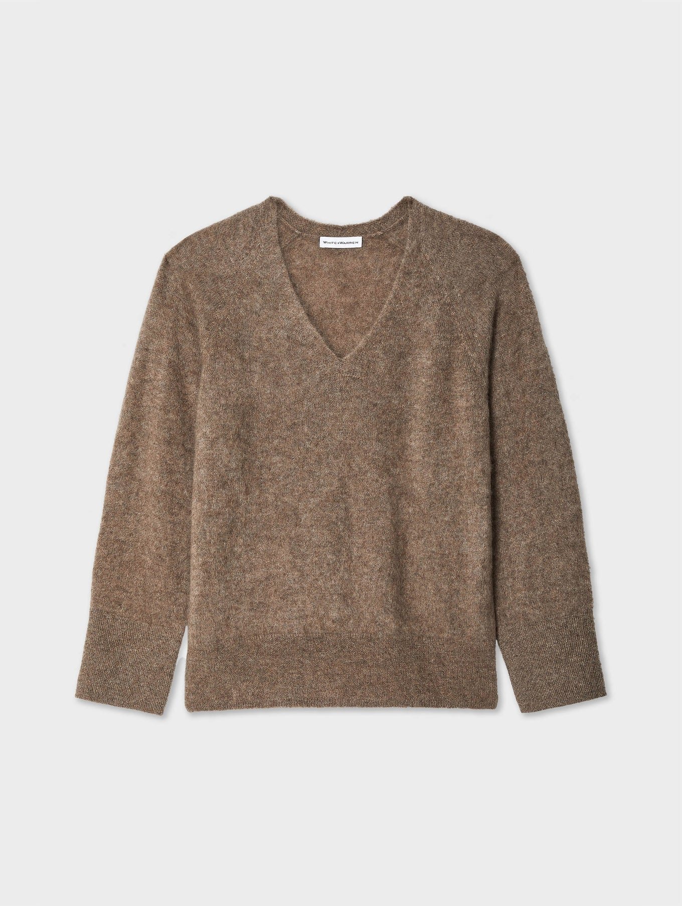 Brushed Cashmere Easy V-Neck Taupe Sweater - V-Neck White + Warren 