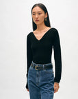 Superfine Merino Ribbed V-Neck Top Black Tops - Blouses White + Warren 