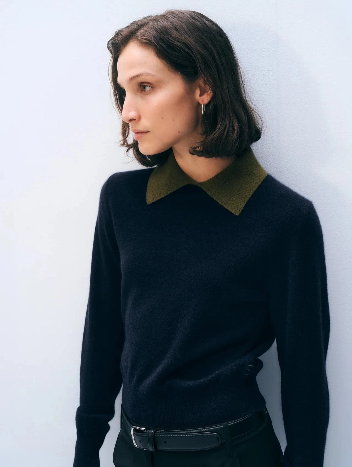 Cashmere Contrast Collar Sweater Deep Navy/Deep Olive Sweater - Polo White + Warren 