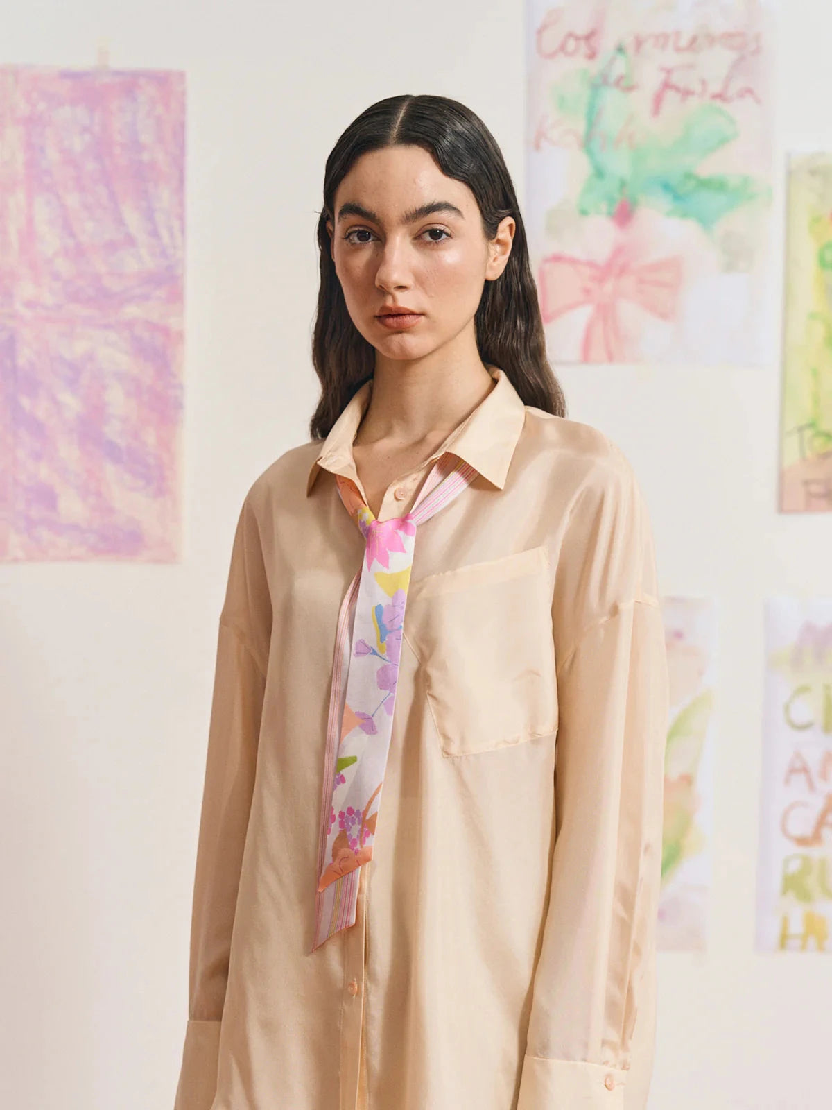 Frida's Garden Silk Skinny Scarf Pink Scarves Lost Pattern NYC 