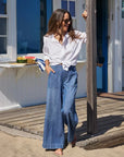 Madeline Patch Pocket Pull on Pant Distressed Indigo Denim - Flare & Wide Leg Frank & Eileen 