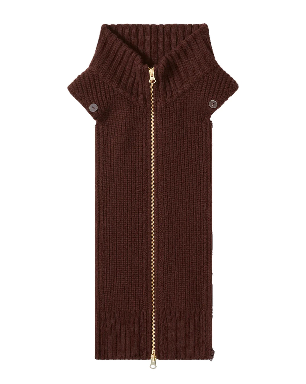 Brown ribbed knit garment with a gold zipper on a white background