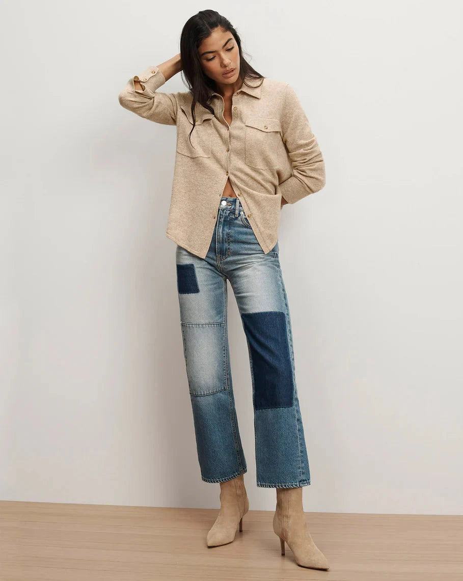 Ayton Merino-Cashmere Knit Top Oatmeal Tops - Button Down Veronica Beard 