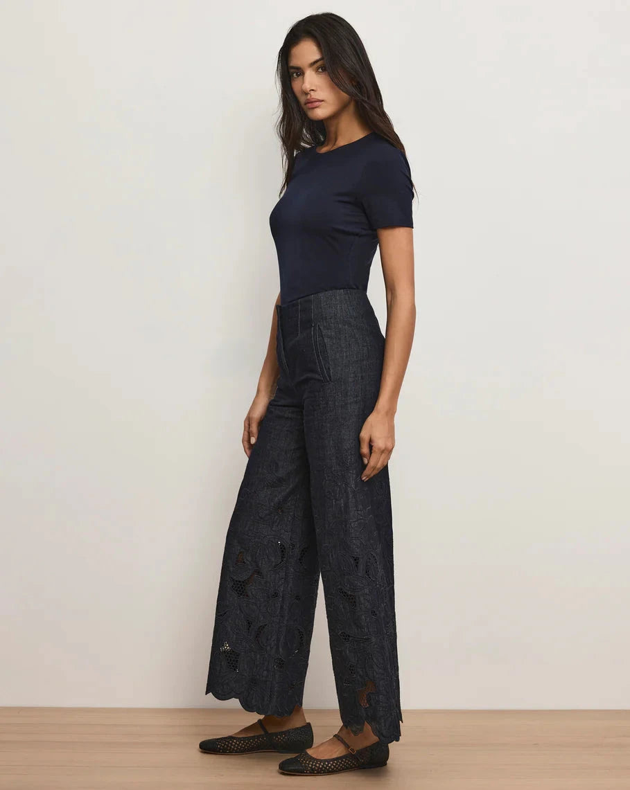 Osborne Wide Leg Eyelet Pant Indigo Denim - Flare & Wide Leg Veronica Beard 