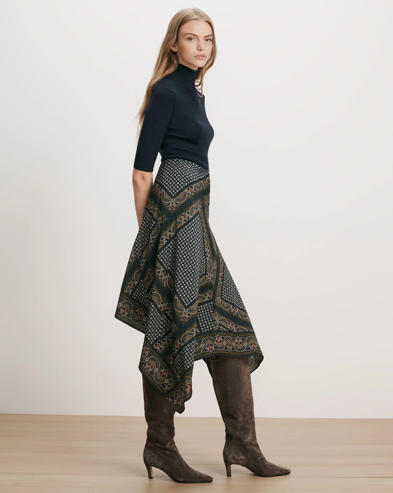 Hartley Asymmetric Midi Skirt Heritage Navy Multi