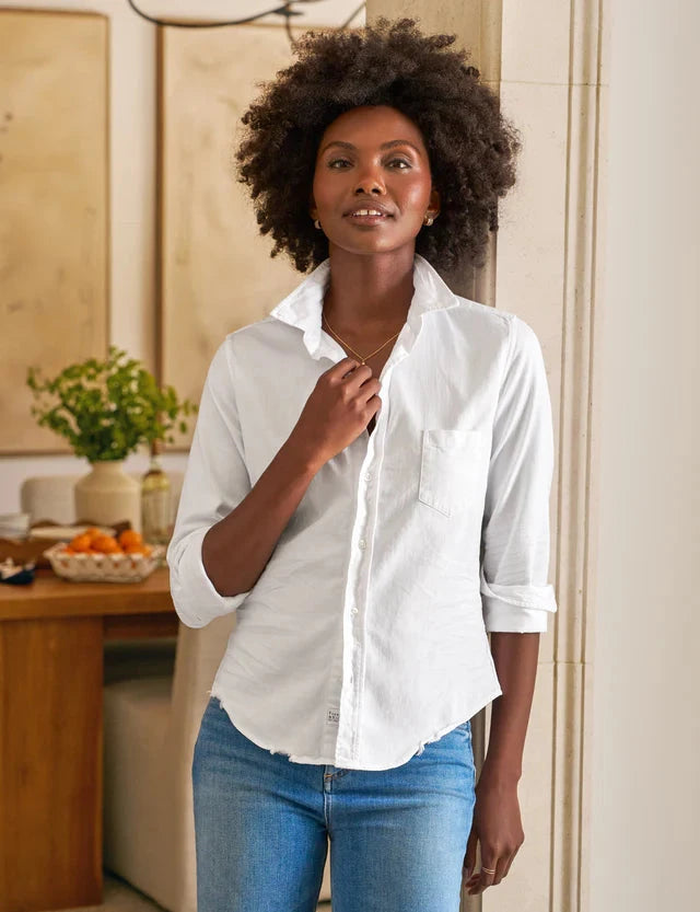 Barry Tailored Button Up Shirt White Tattered Wash Denim Tops - Button Down Frank & Eileen 