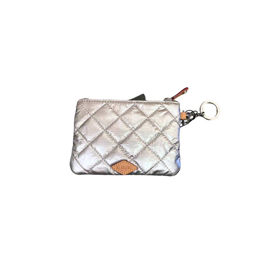 back of mz Wallace Flat Metro Key Pouch Silver Metallic on a white background