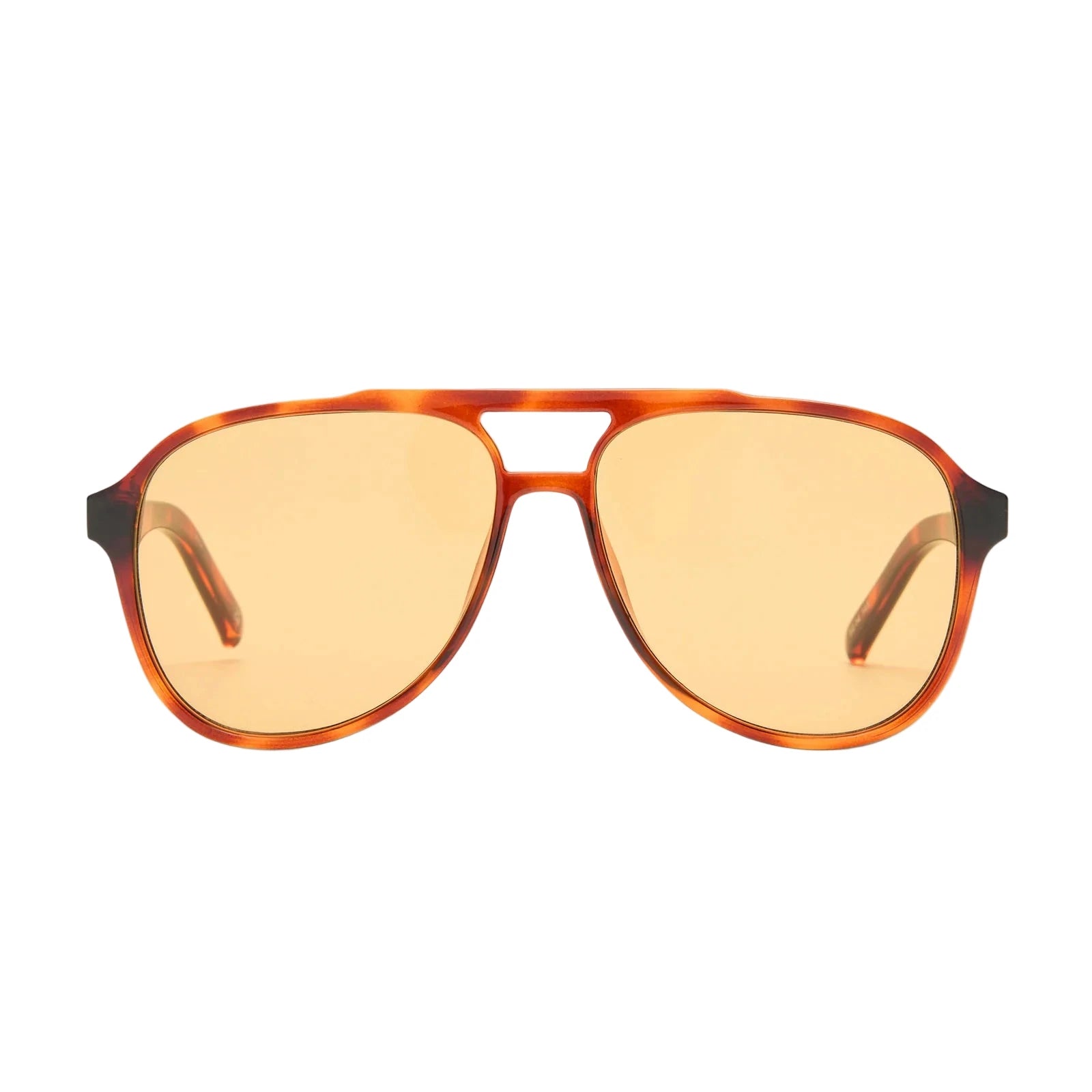 Aviator sunglasses with orange lenses on a light gray background