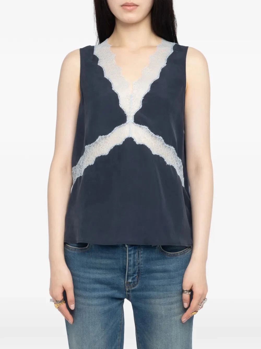 Tasao Silk Lace Camisole Navy Tops - Tanks Zadig & Voltaire 