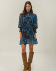 Arabesque Floral Blue High Neck Mini Dress