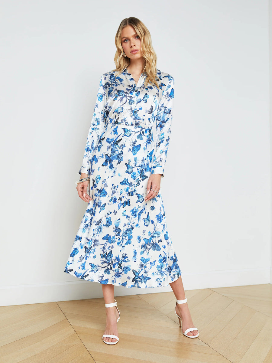 Clarisa Bias Midi Skirt White/ Blue Butterflies