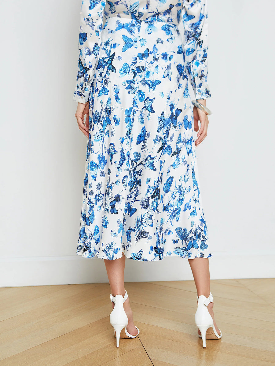 Clarisa Bias Midi Skirt White/ Blue Butterflies