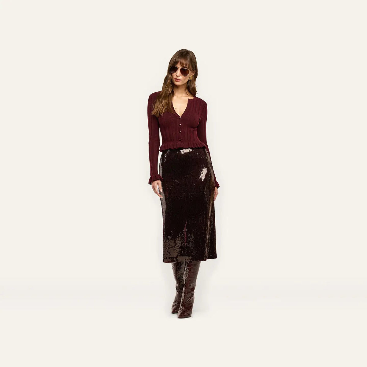 Makena Sequin Pencil Skirt Dark Espresso Skirts - Midi L'Agence 