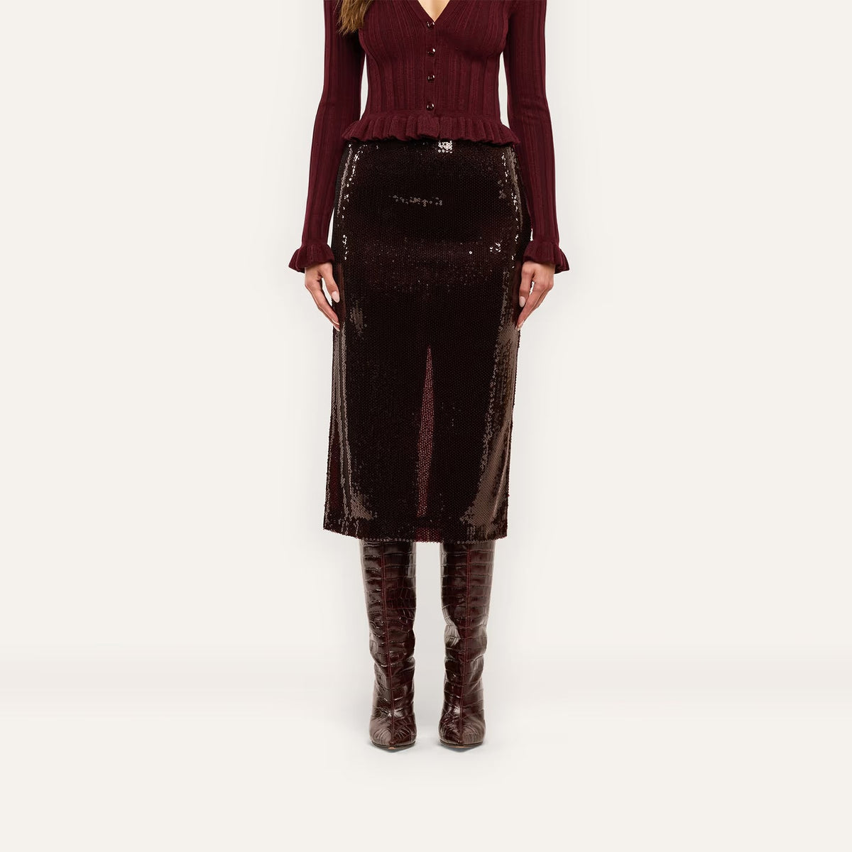 Makena Sequin Pencil Skirt Dark Espresso Skirts - Midi L'Agence 