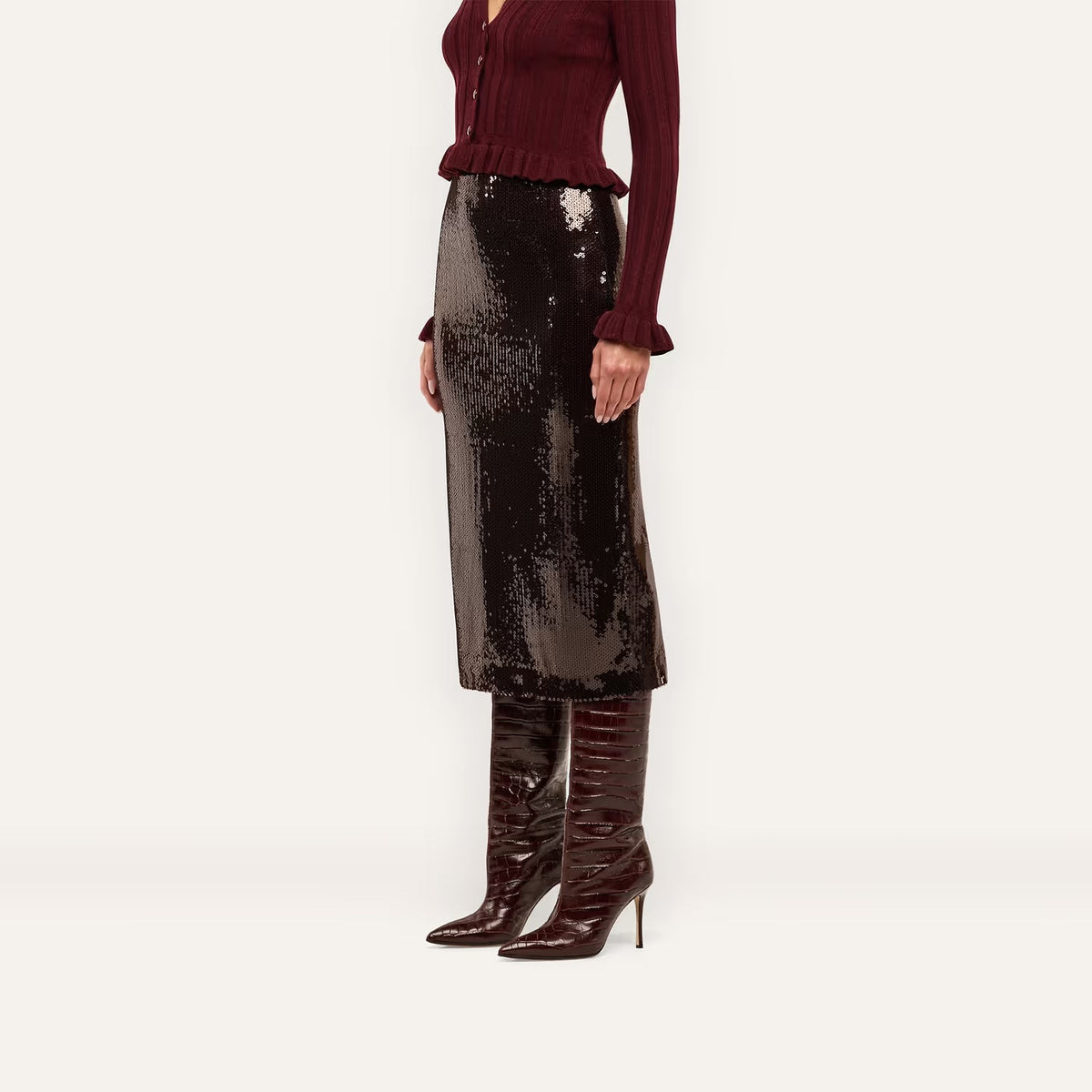 Makena Sequin Pencil Skirt Dark Espresso Skirts - Midi L'Agence 