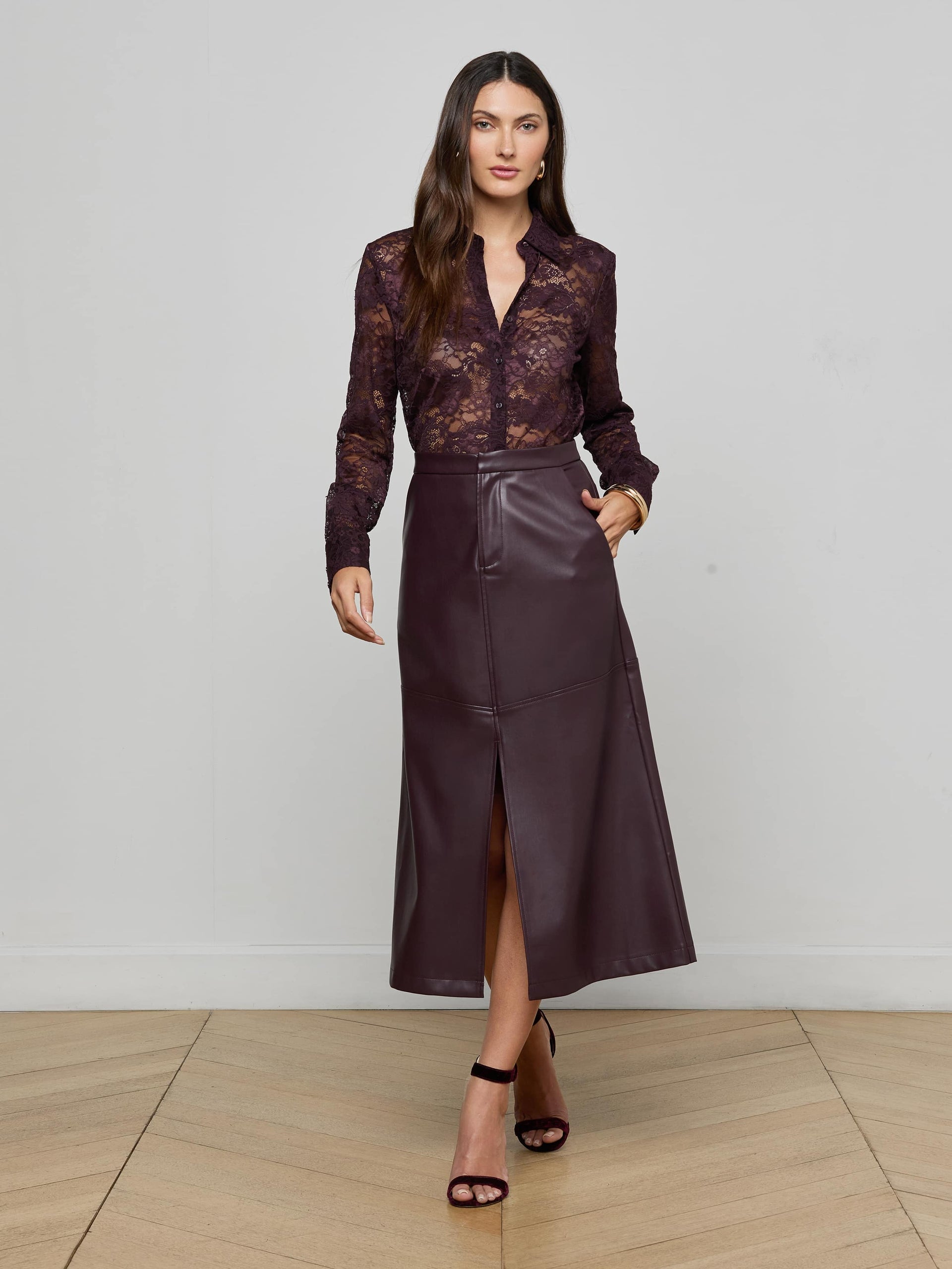 Robin Vegan Leather Midi Skirt Dark Malbec Skirts - Midi L'Agence 