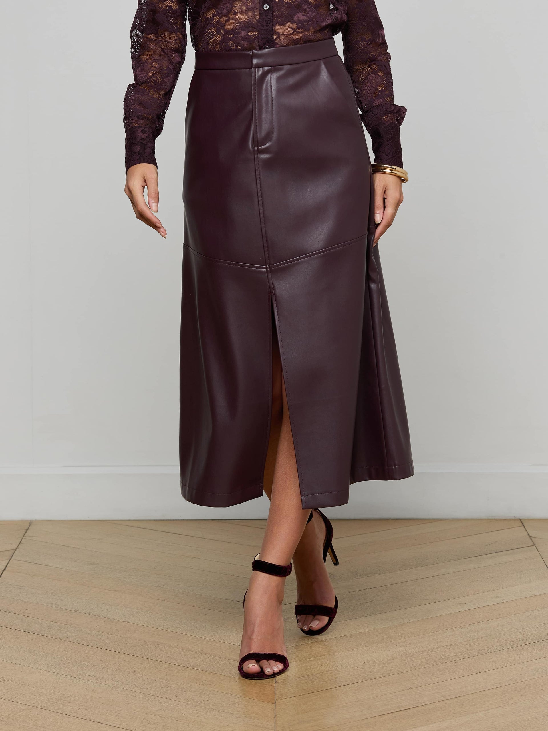Robin Vegan Leather Midi Skirt Dark Malbec Skirts - Midi L'Agence 